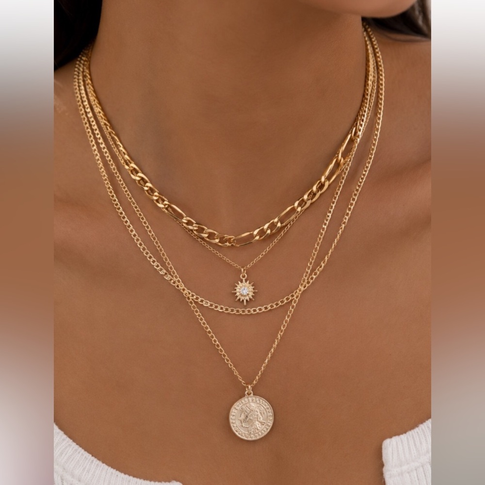 24k Gold Plated Layered Coin & Sunburst Pendant Necklace Set new